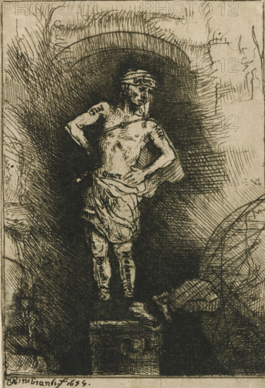 The image seen by Nebuchadnezzar, Four illustrations for a Spanish book, print, signature and date: 'Rembrandt f 1655', printmaker: Rembrandt van Rijn, 1655, paper, Japanese paper, etching, drypoint, burin, intaglio printmaking technique, drypoint and burin, printed with light plate tone, height 109 mm x width 69 mm, King Nebuchadnezzar dreams of a great statue, A dark-toned etching shows a standing male figure on a pedestal, depicted with a partly draped cloth around his waist and one hand resting on his hip while the other arm is bent outward. The figure is rendered with fine, crosshatched lines and appears in front of a heavily shaded, arch-like backdrop formed by dense etching strokes. The man's head bears a band or cap and his facial features are sketched with delicate lines. The surrounding area includes textured shading and sketchy lines suggesting rough surfaces and a framed border at the image edges.