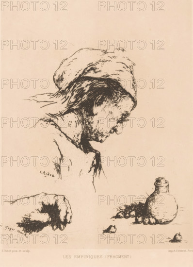Composition with head of an old woman, a hand and a jug, Les Empiriques (Fragment), print, printmaker: Théodule Augustin Ribot, printer (person): Alexandre Clément, Paris, dedicated to: Roger Marx, 1833 - 1891, printer (person), paper, etching, drypoint, intaglio printmaking technique, etching and drypoint on tone block in gray, height 251 mm x width 195 mm, old woman, container of ceramics: jar, jug, pot, vase, postures and gestures of arms and hands, A sepia-toned ink sketch shows a profile of an older person wearing a loose head covering, with a downward gaze and detailed hair and facial lines; below and to the right are small still-life elements including a rounded bottle-like vessel with a narrow neck, a collection of round objects resembling fruit or nuts, and a few scattered pebbles; toward the lower left is a sketch of a resting hand with visible knuckles and short nails, and faint sketch lines and shading appear throughout the page.