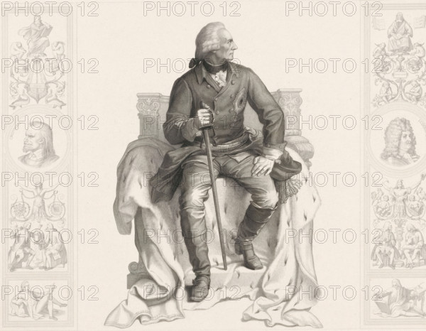 Sitting monarch, print, check stamp: 'DA ...', printmaker: Albert Teichel, Germany, after drawing by Wilhelm von Kaulbach, printer (person): L. Angerer, 1832 - 1873, printer (person), paper, etching, engraving, height 399 mm x width 479 mm, Person, Louis XIV (king of France), Oliver Cromwell, historical persons not known by name, ruler, sovereign, A seated man in historical dress faces to the side, wearing a double-breasted coat with a decorative insignia and a cravat, one hand resting on a sword and the other on his knee; he sits on an ornate chair draped with a heavy fur-lined cloak that cascades to the floor, showing detailed folds and texture. The man has styled hair tied at the back and wears breeches and boots with visible buckles and folds. Flanking the central figure are vertical panels filled with small vignette scenes and ornamental motifs, including profile portraits and allegorical figures, all rendered in fine line engraving on a plain, lightly textured background. The ima...