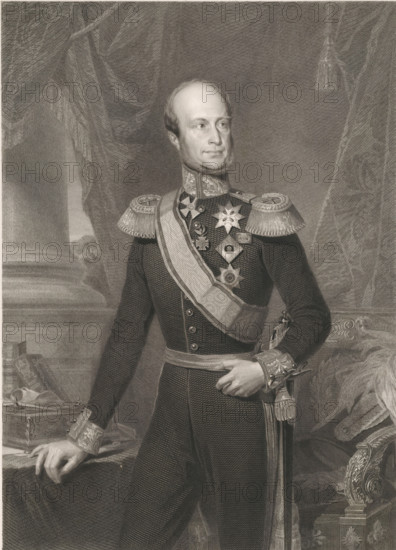 Portrait of King William II, print, printmaker: Michel Charles Antoine Verswyvel, Antwerp, 1829 - 1868, paper, chine collé, etching, engraving, etching and engraving on chine collé, height 620 mm x width 466 mm, Person, William II of the Netherlands, historical persons, royal house, Period, 1772 - 1843, A monochrome engraving of a man shown from head to mid-thigh wearing a formal military uniform with ornate epaulettes, a decorated high collar, and a sash across his chest adorned with multiple star-shaped and cross-shaped medals. He has a high forehead, receding hair, sideburns, and a composed facial expression while looking slightly to his right. One hand rests on a table covered with drapery and objects including a closed box and a rolled item, while the other hand holds the hilt of a sword suspended by a decorated belt. Behind him are heavy draperies and a column, and to his side is an upholstered chair with carved armrests. The image is rendered with fine crosshatching and detailed...