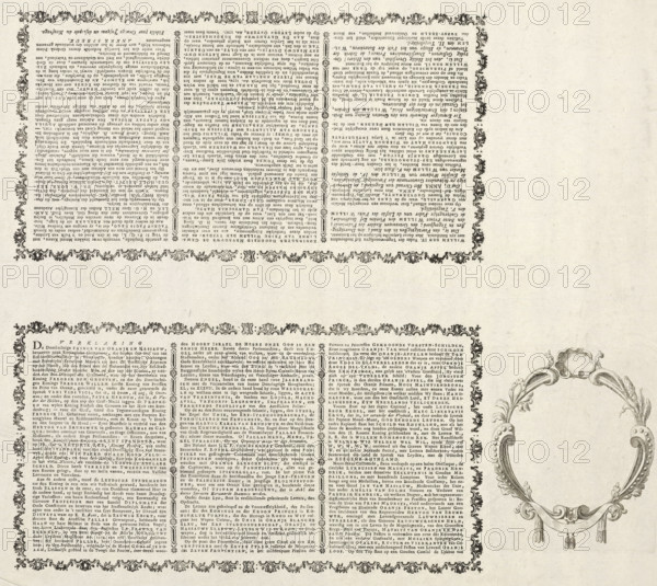 Explanation accompanying the allegory in honor of the King of Prussia for the restoration of the Stadholdership of William V, 1788, text sheet, Text sheet with an explanation of the allegory in honor of the King of Prussia for the restoration of the Stadholdership of William V, 1788. Explanation in Dutch in two parts of three columns each printed on one sheet, also accompanied by an empty cartouche., writer (clerical worker): Johannes le Francq van Berkhey, 1789, writer (clerical worker), paper, letterpress printing, etching, engraving, text and ornament in letterpress, vignette in etching and engraving, height 450 mm x width 535 mm, Person, William V (Prince of Orange-Nassau), Restoration of Stadholder William V (1787), Prussian invasion of the Republic, Period, 1787, A sheet of aged paper with a rectangular block of dense printed columns framed by an ornate floral border positioned toward the top left, the same ornate border repeated along the bottom edge, and a large decorative oval...