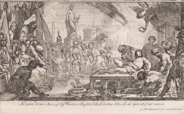 Martyrdom of Saint Laurence, print, printmaker: Claude Vignon, France, grantor of privilege: French Crown, dedicated to: François Langlois, 1603 - 1670, paper, etching, intaglio printmaking technique, height 191 mm x width 309 mm, martyrdom, suffering, misfortune, death of St. Laurence, St. Laurence is roasted on a gridiron, A wide detailed engraving shows a crowded interior scene with many figures in period clothing gathered around a central elevated space and a low table. On the left several seated and standing figures wear robes and capes, one holds a staff, and a crowned or bearded figure sits under drapery; children and attendants cluster nearby. In the center background a raised plinth supports a draped standing statue, flanked by architectural elements and distant buildings, while figures in varied dress approach or converse. On the right a group surrounds the table where a partially draped reclining person lies with others leaning over or bending toward them; one figure appears...