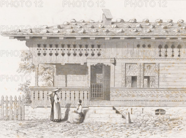 Canton of Bern - Brienzwiler., View of a house in the canton of Bern with two women, L'Architecture Pittoresque en Suisse ou Choix de Constructions Rustiques, print, Series number, 1, 4, Numbered bottom center: No.6. Part of a cover with four prints., inscription: 'a', printmaker: Pierre Amedée Varin, France, printmaker: Eugène-Napoléon Varin, after drawing by Pierre Amedée Varin, after drawing by Eugène-Napoléon Varin, printer (person): Chardon ainé, F., Paris, publisher: A. Morel & Cie., 1860, Pierre Amedée Varin, Eugène-Napoléon Varin, Chardon ainé, A. Morel & Cie., printmaker, after drawing by, printer (person), publisher, paper, etching, engraving, stippelwerk, height 250 mm x width 344 mm, Print from a series of 48 prints, published between 1660-1661 in twelve parts, entitled: L'architecture pittoresque en Suisse ou choix de constructions rustiques prises dans toutes les parties de la Suisse. De serie bestaat uit uitzichten en details van tradisch Zwitserse huizen., rural housing...