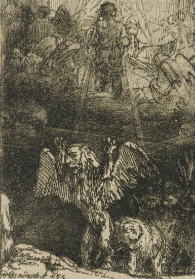 Daniel's vision of the four beasts, Four illustrations for a Spanish book, print, signature and date: 'Rembrandt f 1655', printmaker: Rembrandt van Rijn, after design by Rembrandt van Rijn, 1655, Rembrandt van Rijn, printmaker, paper, Japanese paper (handmade paper), etching, drypoint, burin, intaglio printmaking technique, drypoint and burin with plate tone, printed on Japanese paper, height 107 mm x width 76 mm, Daniel's visions (Daniel may be shown having his visions explained, e.g. by the archangel Gabriel), A dark, heavily hatched etching showing winged, avian-faced figures with long beaks and feathered wings clustered in a shadowy scene; one prominent creature in the lower center leans forward with wings partially spread and a furrowed, expressive face, while other similar figures surround it, their forms sketched with dense, linear strokes; above them, a lighter, more detailed area depicts standing humanlike figures rendered with vertical and diagonal hatch marks, some turned aw...