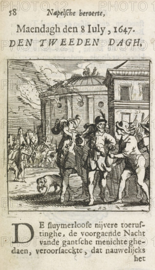 Event on July 8, 1647 during the Neapolitan Uprising, print, book illustration, Rebels in Naples during the second day of the uprising in 1647. In the background, smoke is coming out of the windows of a round building., 1652 - 1664, printmaker, paper, etching, engraving, letterpress printing, etching and engraving, text in letterpress on recto and verso, height 67 mm x width 63 mm, height 122 mm x width 70 mm, A vertical engraving shows a city scene with a domed round building and a rectangular building with windows; in the foreground three clothed figures stand close together, two facing each other while a third looks toward them, their garments rendered with crosshatching and folds; a small pig walks near their feet on a shaded ground; behind them a group of armed figures carry long poles or pikes and form a line extending toward a distant wall and rooftops; clouds and linear sky shading appear above the domed structure and architectural details include columns and circular openings ...