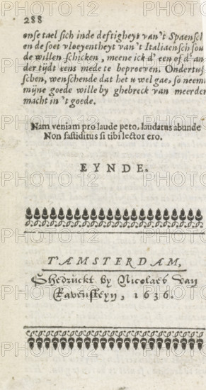 Leaf from a book with a publisher's address, book illustration, text sheet, publisher: Nicolaes van Ravesteyn, Amsterdam, 1636, Nicolaes van Ravesteyn, publisher, paper, letterpress printing, text in letterpress on recto and verso, height 120 mm x width 64 mm, A vertical aged paper page with printed lines of dark ink text and ornamental rows; the top shows a block of cursive-like type followed by a short centered line in bold type, then a larger spaced word in uppercase type, below which is a decorative horizontal band of repeated floral or acorn motifs above a thin rule. Further down the sheet is another centered line in stylized script with a hand-drawn appearance, underlined by a thicker rule, and near the bottom is a second decorative band mirroring the first. The paper shows slight discoloration, faint stains, and a textured grain throughout.