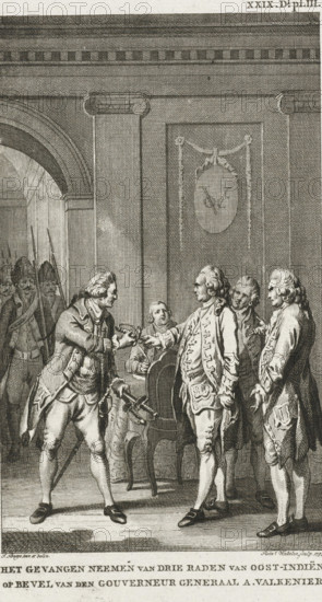 Capture of three councilors of the VOC, 1740, The capture of three councilors of the East Indies, by order of Governor-General A. Valkenier, print, historical print, The capture of three members of the Council of the Indies in Batavia Gustaaf Willem van Imhoff, Isaac van Schinne and Elias Haese by order of Governor-General Adriaan Valkenier, December 1740. Marked upper right: XXIX. Vol. pl. III., printmaker: Reinier Vinkeles (I), Northern Netherlands, after drawing by Jacobus Buys, 1793, paper, etching, engraving, etching and engraving, height 227 mm x width 140 mm, Used as illustration in: Jacobus Kok, Vaderlandsch Woordenboek, Johannes Allart, Amsterdam 1785-1799, 35 volumes, vol. 29, pl. 3., Person, Dutch East India Company, Gustaaf Willem baron van Imhoff (1705-1750), Adriaan Valckenier, arrest (of criminal), Java, West Java, Batavia, A detailed black and white engraving shows an interior scene with tall paneled walls and an archway on the left, through which uniformed soldiers wit...