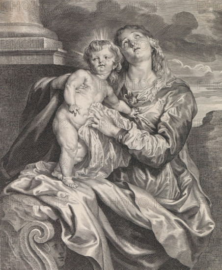Mary with child, print, album page, Mary looks up to heaven. The Christ Child stands on her lap. In the margin a four-line caption, in two columns, in Latin. This print is part of an album., printmaker: Paulus Pontius, Antwerp, after painting by Anthony van Dyck, publisher: Antoine Bonenfant, 1613 - 1658, unknown, grantor of privilege, paper, engraving, engraving pasted on album page, height 298 mm x width 221 mm, Mary sitting or enthroned, the Christ-child standing on her knee (Christ-child to Mary's left) - FF - the Christ-child to Mary's right, A detailed black and white engraving shows a seated woman holding a naked infant on her lap; the woman has long wavy hair and is looking upward with a contemplative expression while wearing a draped garment with visible folds and a decorative brooch at her chest, and the infant has curly hair, a rounded face, and reaches outward with one hand while the other hand rests near the woman's fingers; both figures are surrounded by flowing fabric wi...