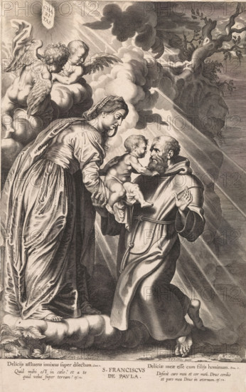 S. Franciscus de Pavla, Mary hands over the Christ Child to H. Francis of Paola, print, album page, This print is part of an album., printmaker: Michel Lasne, France, after design by Peter Paul Rubens, publisher: Theodoor Galle, 1600 - 1633, paper, engraving, engraving pasted on album page, height 359 mm x width 222 mm, the hermit and founder of the (Franciscan) Minim Friars, Francis of Paola, possible attributes: inscription 'Charitas' on breast, discipline, skull, staff, A monochrome engraved scene showing a standing robed woman on a cloud handing a naked infant toward a kneeling bearded man in a hooded robe who reaches up with one hand while the other supports the child; two winged cherubs hover among clouds above the woman, and rays of light stream diagonally across the composition from the upper left; a rocky, gnarled tree rises behind the kneeling man, and textured clouds fill the upper background; the figures wear flowing drapery with detailed linear shading and the lower edge o...