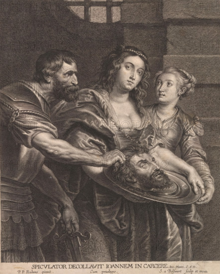 Salome receives the head of John the Baptist, print, album page, Salome receives the head of John the Baptist on a platter from a soldier of King Herod. Below the image is a Latin quote from Mark 6. This print is part of an album., printmaker: Schelte Adamsz. Bolswert, Southern Netherlands, after painting by Peter Paul Rubens, grantor of privilege: unknown, 1596 - 1659, paper, engraving, engraving pasted on album page, height 280 mm x width 227 mm, Salome is given the head of John the Baptist by the executioner, A detailed engraved scene shows three figures clustered close together, all rendered in fine crosshatching. A bearded man on the left wears a tunic with rolled sleeves and grips the hair of a severed head that rests on a shallow dish, his other hand holding a sword at his side. In the center, a woman with curly hair and a decorative headband looks outward, her low neckline and draped fabric creating flowing folds. To the right, a younger woman with hair pulled back and wearing ...