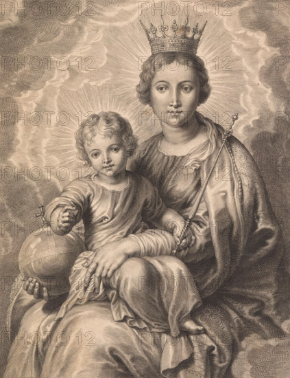 Maria mater dei, regina caeli, Mary with child and globe, print, album page, Mary with crown and globe as queen of heaven and child with scepter. This print is part of an album., printmaker: Schelte Adamsz. Bolswert, Southern Netherlands, after painting by Peter Paul Rubens, 1596 - 1659, unknown, provider of privilege, paper, engraving, engraving pasted on album page, height 286 mm x width 220 mm, Mary sitting or enthroned, the Christ-child in front of her in her lap (or in front of her bosom), 'Regina Coeli', 'Regina Angelorum', 'Maestà', Madonna, A monochrome engraved image showing two figures seated together against a radiating background and surrounded by cloud-like lines, one figure appearing youthful with curly hair and a garment draped over the shoulder, holding a spherical object with banded circular lines, the other figure wearing a decorative crown and layered robes, holding a long ornate staff and with one hand resting on the seated figure, both faces rendered with fine line...