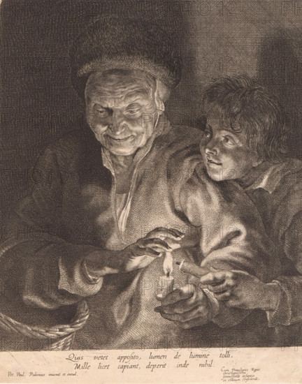 Old woman and boy with candles, print, album page, A boy takes over the flame from the old woman's candle with his candle. In the margin a two-line caption in Latin. This print is part of an album., printmaker: attributed to Paulus Pontius, after painting by Peter Paul Rubens, publisher: Peter Paul Rubens, grantor of privilege: Infanta of Spain Isabella Clara Eugenia, 1613 - 1658, Paulus Pontius, Peter Paul Rubens, Infanta of Spain Isabella Clara Eugenia, printmaker, after painting by, publisher, grantor of privilege, Attributed to, paper, etching, engraving, etching and engraving, pasted on album page, height 145 mm x width 198 mm, boy (child between toddler and youth), old woman, candle, scenes symbolizing 'Vanitas', An engraved image shows two figures close together illuminated by a small candle held in front of them; an older person with a rounded hat and deep facial lines looks downward with a slight smile while a younger person with short wavy hair leans in from the side, gazing ...