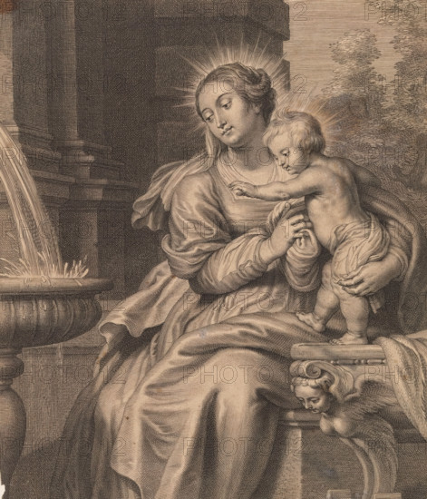 Puteus aquarum viventium, Fonteyn der houen, Mary with child by a fountain, print, album page, Mary sits with child by a fountain. Below the image a line in Latin and Dutch from Song of Songs 4. This print is part of an album., printmaker: Schelte Adamsz. Bolswert, Southern Netherlands, after painting by Peter Paul Rubens, publisher: Martinus van den Enden (I), Antwerp, 1596 - 1659, paper, engraving, engraving pasted on album page, height 295 mm x width 241 mm, Mary, usually with the Christ-child, in orange-position in a fountain (of life), A sepia-toned engraving showing a seated woman with a halo around her head holding a small child who also has a halo; the woman's draped garments display flowing folds and she looks down toward the child while one hand supports the child's torso and the other gently holds his arm; the child reaches outward and stands with one foot on an ornate carved pedestal topped by a scroll motif and a small cherubic face; to the left a stone basin with water an...