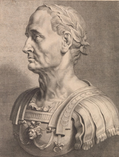 Bust of Julius Caesar, C. Caesar Dict. Perpetvo, print, album page, Bust of Julius Caesar. Loose print at the back of the album. This print is part of an album., printmaker: Boëtius Adamsz. Bolswert, after drawing by Peter Paul Rubens, 1590 - 1633, unknown, grantor of privilege, paper, engraving, height 288 mm x width 212 mm, Person, Julius Caesar, historical persons, emperor, (story of) C. Julius Caesar, A sepia-toned engraved portrait shows a bust of an older man in profile facing left, with a strong nose, prominent jawline, and stern expression. His hair is short and wavy, adorned with a laurel wreath that wraps around the top and back of his head. The engraving details fine lines and crosshatching to model the contours of his face, neck, and shoulders. He is depicted wearing ornate armor with decorative motifs, including a molded chest plate and draped fabric over one shoulder. The background is filled with closely spaced horizontal and crosshatched lines that create a textured bac...