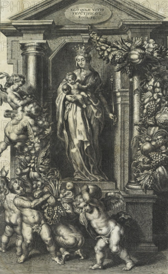 Mary as queen with the Christ Child, Theatre of bishops, emperors, kings, dukes, princes, etc., Theatrum pontificum, imperatorum, regum, ducum, principum, print, album page, Mary, standing in a niche, with a crown on her head and a scepter in her hand, the Christ Child on her arm. Putti carry a garland of fruit. Below the depiction, a text in Latin. Print is part of an album., printmaker: Gaspar Huybrechts, Antwerp, 1661 - 1684, paper, engraving, height 244 mm x width 146 mm, Madonna: Mary standing (or half-length), Christ-child close to her bosom, (children or putti) blowing bubbles, 'Homo Bulla', scene symbolizing 'Vanitas', garland, wreath, 'Regina Coeli', 'Regina Angelorum', 'Maestà', A monochrome engraving shows a robed woman wearing a crown standing in a niche and holding a small child who holds a round object, flanked by architectural columns and decorative molding; surrounding them are several cherubic figures with wings carrying and interacting with abundant arrangements of fr...