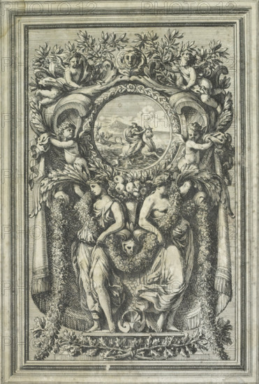 Panel with the Abduction of Europa in a medallion, Ornemens de Paneaux, print, album page, ornamental print, Series number, 6, Panel with the Abduction of Europa in a medallion. From a series of ornamental panels for wooden paneling for rooms and galleries. Print is part of an album., printmaker: Jean Lepautre, publisher: Pierre Mariette (II), Paris, grantor of privilege: Louis XIV (King of France), c. 1655 - c. 1657, Louis, An ornate vertical engraving showing a framed decorative panel with an elaborate border of parallel lines enclosing a central composition dominated by flowing drapery, garlands, and carved foliage; near the top two reclining cherubic figures sit among leafy scrolls flanking a circular medallion that contains a small seascape with a rider on a rearing horse and distant hills; beneath the medallion two standing female figures face slightly towards each other, each wearing flowing robes and surrounded by heavy swags of flowers and cascading foliage, their arms support...