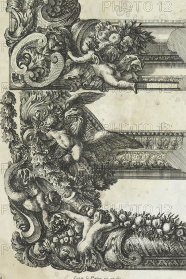 Three corners of frames, Bordures de Tableau a la Romaine, print, album page, ornamental print, Series number, 4, 6, Decorated with putti, leaves and fruit garlands. Print is part of an album., printmaker: Jean Lepautre, publisher: Pierre Mariette (II), Paris, grantor of privilege: Louis XIV (King of France), c. 1655 - c. 1657, paper, etching, height 212 mm x width 144 mm, ornaments, art, ornament, festoon, garland, A detailed black ink engraving showing ornate decorative scrollwork and foliage with swirling acanthus leaves and carved volutes, featuring cherubic figures integrated into the ornamentation; one cherub is reclining and holding a garland of fruit and leaves, another is paired with a winged eagle-like creature amid feathers and floral elements, and a third appears nestled among the scrolls. The design includes clusters of round fruit and dense leafy bouquets, hatched shading and crosshatching throughout, and architectural banding with carved friezes and egg-and-dart molding ...
