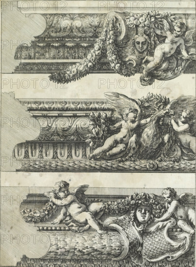 Three fragments of frames with profile, Bordures de Tableau a la Romaine, print, album page, ornamental print, Series number, 5, 6, The middle frame with an eagle flanked by two children. Print is part of an album., printmaker: Jean Lepautre, publisher: Pierre Mariette (II), Paris, grantor of privilege: Louis XIV (King of France), c. 1655 - c. 1657, paper, etching, height 214 mm x width 147 mm, cupids: 'amores', 'amoretti', 'putti', ornaments, art, ornament, festoon, garland, A detailed engraving showing ornate horizontal architectural ledges decorated with scrollwork and floral patterns, with garlands of fruits and leaves draped across the upper band; cherubic figures with wings are integrated into the decoration, one reclining and holding foliage while another reaches toward a large bird with outstretched wings, and another cherub appears to recline on a lower ledge; a carved human mask with stylized hair and a wreath-like headdress is set among the motifs; dense parallel hatching an...