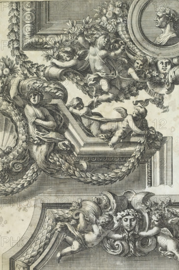 Three decorations for frames, Bordures de Tableau a la Romaine, print, album page, ornamental print, Series number, 6, Decorations for the center of the top or bottom of frames. The top frame contains a medallion with the bust of an emperor. Print is part of an album., printmaker: Jean Lepautre, publisher: Pierre Mariette (II), Paris, grantor of privilege: Louis XIV (King of France), c. 1655 - c. 1657, paper, etching, height 214 mm x width 144 mm, cupids: 'amores', 'amoretti', 'putti', ornaments, art, ornament, festoon, garland, An intricately detailed black and white engraving shows decorative architectural frames and ornate garlands populated by reclining and flying cherubic figures and partially draped classical figures; braided festoons and leafy swags weave through volute moldings and shell motifs, while masks, medallions with a profile bust, and sculpted faces appear amid floral clusters and fruit.