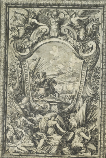 Panel with siege of city in cartouche, Ornemens de Paneaux, print, album page, ornamental print, Series number, 6, Print is part of an album., printmaker: Jean Lepautre, publisher: Pierre Mariette (II), Paris, grantor of privilege: Louis XIV (King of France), c. 1655 - c. 1657, paper, etching, height 223 mm x width 150 mm, ornaments, art, siege, An intricate vertical engraving shows a central oval scene framed by ornate scrolling foliage and garlands, topped by a winged helmeted figure flanked by two reclining winged figures holding a trumpet and a branch; within the oval a rider on a rearing horse is accompanied by draped figures against a landscape of distant hills and clouds; surrounding the central panel are flowing acanthus-like leaves, clusters of fruit, and a crowded arrangement of partially draped human figures in dynamic poses, some reclining and some kneeling, with detailed linear shading throughout and decorative patterned borders along the edges.