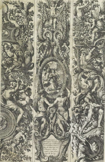 Three vertical panels with leaf ornament and figures, Grotesques et moresques, print, album page, ornamental print, title print, Series number, 1, 6, Three vertical panels with leaf ornament and figures. In the middle panel an oval medallion containing the personification of Hope. Print is part of an album., printmaker: Jean Lepautre, publisher: Pierre Mariette (II), Paris, grantor of privilege: Louis XIV (King of France), after 1634 - before 1667, paper, etching, height 230 mm x width 157 mm, ornaments, art, Hope, 'Spes', 'Speranza divina e certa' (Ripa), one of the Three Theological Virtues, ornament, grotesque, A vertically oriented engraving with three narrow decorative panels filled with intricate ornamental foliage, scrolling acanthus leaves, and numerous nude putti and classical figures in dynamic poses; the central panel features a framed oval scene showing two figures under a canopy surrounded by floral garlands and topped by a standing child figure with chains of beads, while...