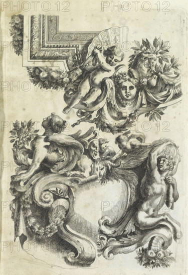 Ceiling and cartouche, Varie soffiti, print, album page, ornamental print, In the lower left corner sits a sphinx on a cartouche, with a variant for the right half. From a series of 6 sheets with reverse-sided copies after an untitled series by Jean Lepautre, first published around 1650. Print is part of an album., printmaker: Cornelis Galle (II), Antwerp, after design by Jean Lepautre, after 1650 - before 1678, paper, etching, height 220 mm x width 148 mm, ornaments, art, (decorated) ceiling, sphinx (lion, woman), 'Sphinge' (Ripa), The image shows an ornate black and white engraving featuring decorative scrollwork and stylized floral garlands, a reclining cherublike figure holding drapery near a fan-shaped decorative element, a classical mask with flowing drapery and foliage above a beastlike head entwined with leaves, several nude human figures integrated into the swirling ornamental forms, a goatlike head near the center surrounded by small human figures, and various carved volutes ...