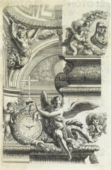 Ceiling, Varie soffiti, print, album page, ornamental print, At the bottom, the crown element of a choir screen is visible with the Holy Spirit in a round medallion. From a series of 6 sheets with reverse-sided copies after an untitled series by Jean Lepautre, first published around 1650. Print is part of an album., printmaker: Cornelis Galle (II), Antwerp, after design by Jean Lepautre, after 1650 - before 1678, paper, etching, height 222 mm x width 143 mm, ornaments, art, (decorated) ceiling, Holy Ghost represented as a dove (in flames), A detailed engraved scene shows ornate architectural mouldings and decorative scrollwork framing several sculpted figures; a large winged angel reclines on a ledge with flowing drapery and an arm extended, surrounded by garlands of fruit and foliage. Above, a cherubic figure with wings kneels on an elevated plinth next to a circular wreath of fruit, and a sculpted female bust in draped robes appears within the wreath. To the left, another robust wing...
