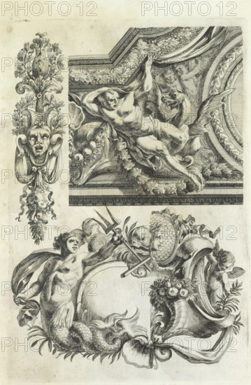 Ceiling and cartouche with triton, Varie soffiti, print, album page, ornamental print, At the bottom a cartouche with a triton is visible, with a variant for the right half. Print is part of an album., printmaker: Cornelis Galle (II), Antwerp, after design by Jean Lepautre, after 1650 - before 1678, paper, etching, height 222 mm x width 147 mm, ornaments, art, 'Cornucopia', Horn of Plenty, triton(s), (decorated) ceiling, An ornate black and white engraving showing decorative classical figures and foliated ornamentation; the upper right features a reclining muscular male figure draped with fabric and entangled with a winged creature with a reptilian head, set within an ornate architectural frame with leafy garlands and patterned borders; the left side shows a vertical decorative motif with a stylized face integrated into scrolling acanthus leaves and hanging floral elements; the lower area contains a mermaid-like figure with a scaled tail holding drapery near a large oval cartouche surr...