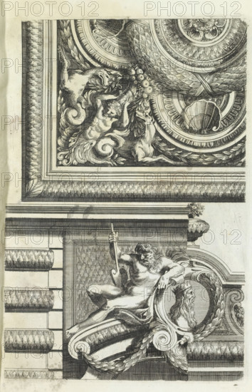 Ceiling and part of a wall, Varie soffiti, print, album page, ornamental print, At the top a quarter of a ceiling. At the bottom a part of a wall: behind an open pediment with a river god. Print is part of an album., printmaker: Cornelis Galle (II), Antwerp, after design by Jean Lepautre, after 1650 - before 1678, paper, etching, height 220 mm x width 146 mm, ornaments, art, river-gods, (decorated) ceiling, A detailed black and white engraving shows an ornate architectural and sculptural composition with decorative borders and circular medallions; the upper left contains a corner panel with swirling acanthus leaves, fruit clusters, and reclining stylized animals intertwined with roundel motifs and shell shapes, all framed by multiple linear moldings and patterned bands. Below this, a sculpted male figure reclines on a curved ornamental support, holding a long rod and leaning against a circular wreath that contains a bearded portrait bust; the figure is muscular with flowing hair and a ...