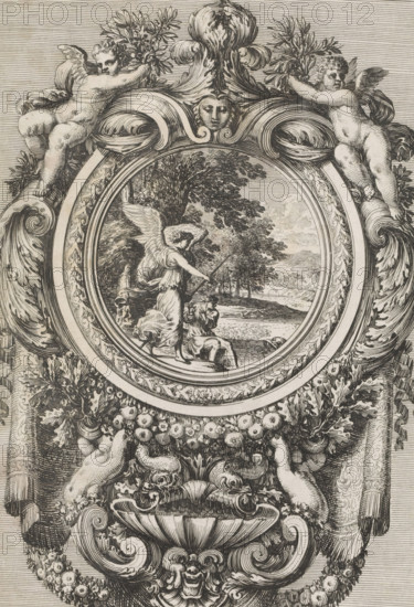 Holy water trough with Tobias and the angel, Inuentions pour faire des plaques ou des Aubenistiers seruans aux Orfeures, print, album page, ornament print, Holy water trough in the shape of a shell with a medallion with Tobias and the angel on the back plate. Print is part of an album., printmaker: Jean Lepautre, Paris, publisher: Pierre Mariette (II), 1659, paper, etching, height 221 mm x width 150 mm, ornaments, art, a large fish appears while Tobias is washing his feet, he is frightened, the angel Raphael tells Tobias to cut the fish to pieces, Holy Water font, An ornate oval frame with carved scrollwork encloses a circular pastoral scene; within the scene a winged figure in flowing drapery stands on a shoreline holding a staff while a seated smaller figure looks up, trees and distant water form the background; the frame is richly decorated with floral garlands, fruit clusters, volutes, and a shell-like basin at the bottom, flanked by reclining putti and cherubic figures entwined wi...