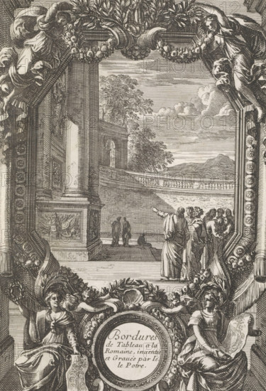 Hexagonal frame, Bordures de Tableau a la Romaine, print, album page, ornamental print, title print, Hexagonal richly decorated frame depicting people looking up at a building with monumental columns. In the center below, the series title in a medallion flanked by women, each holding an ornamental drawing. Print is part of an album., printmaker: Jean Lepautre, publisher: Pierre Mariette (II), Paris, grantor of privilege: Louis XIV (King of France), 1655 - 1657, paper, etching, height 213 mm x width 145 mm, ornaments, art, index finger forwards, pointing, indicating, frame of painting, A detailed monochrome engraving shows an ornate architectural frame with carved garlands, drapery, and sculpted figures surrounding a central scene; inside the frame a terrace or balcony overlooks a landscape with distant hills, a balustrade, and a sky with clouds, while a group of robed figures stand on the terrace with one pointing outward and two smaller figures walk along a colonnaded walkway; decorat...