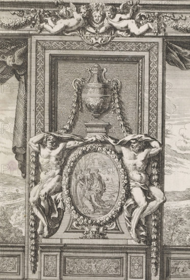 Wall panel with a depiction of Moses being found by the Pharaoh's daughter, Dessein's De lambris à l'Italienne, print, album page, ornamental print, Series number, 6, Wall panel with an oval depiction of Moses being found by the Pharaoh's daughter. Print is part of an album., printmaker: Jean Lepautre, publisher: Pierre Mariette (II), Paris, 1659, paper, etching, height 221 mm x width 149 mm, ornaments, art, the finding of Moses: Pharaoh's daughter comes to bathe with her maidens in the river and discovers the child floating on the water, panelling, A detailed engraved architectural panel shows an ornate framed recess with a large decorative urn at the center top, flanked by garlands hanging down. Two muscular male figures in contorted poses lean inward from each side, their arms raised over their heads as they support an oval medallion between them. The oval medallion contains a smaller scene with figures and a draped composition, surrounded by a carved bead-and-flower border. Above t...