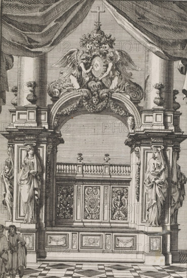 Choir stall between two columns, Choir stalls, print, album page, ornamental print, Choir stall between two columns. Above the choir stall a crown element with two kneeling angels with a medallion bearing the dove of the Holy Spirit. Print is part of an album., printmaker: Jean Lepautre, publisher: Jean Le Blond (II), Paris, grantor of privilege: Louis XIV (King of France), after 1666 - 1709, paper, etching, height 210 mm x width 145 mm, ornaments, art, seats of the clergy, choir-stalls, A detailed architectural engraving showing an ornate interior with a large decorated archway topped by a sculptural crest featuring winged figures flanking an oval medallion and a cross above, heavy drapery hanging from the ceiling, paired classical statues in flowing robes standing on tall plinths at each side of the arch, elaborately carved panels and balustrade behind the arch, urns with floral arrangements on plinths, patterned marble flooring in the foreground, and two robed figures partially visi...
