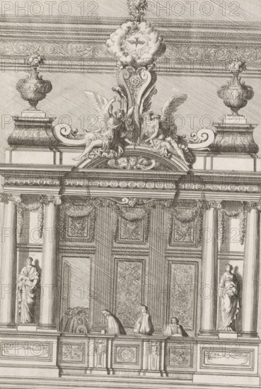 Choir pew with Ionic columns on either side, Nouuelles Inuentions pour faire les bancs des choeur, print, album page, ornament print, Series number, 4, 6, Choir pew with Ionic columns on either side. Print is part of an album., printmaker: Jean Lepautre, publisher: Pierre Mariette (II), Paris, c. 1657 - c. 1665, paper, etching, height 225 mm x width 151 mm, ornaments, art, seats of the clergy, choir-stalls, A detailed architectural engraving showing an ornate section of an interior with a large double door framed by decorated pilasters and panels, sculpted figures set in niches on either side, and an elaborate entablature above featuring scrollwork, floral urns, and reclining winged figures flanking a central cartouche topped by a wreath; below the entablature a balcony or railing with carved panels and small human figures in robes is visible, and the background is filled with finely hatched shading and intricate ornamental patterns.