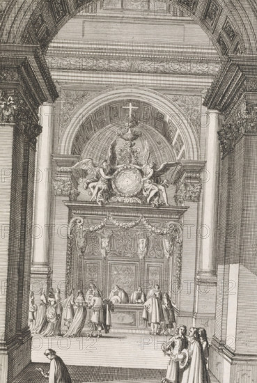 View in a church with a richly decorated choir stall, Nouuelles Inuentions pour faire les bancs des choeur, print, album page, ornamental print, Series number, 3, 6, View in a church with a richly decorated choir stall in the background. Print is part of an album., printmaker: Jean Lepautre, publisher: Pierre Mariette (II), Paris, c. 1657 - c. 1665, paper, etching, height 222 mm x width 150 mm, ornaments, art, seats of the clergy, choir-stalls, A detailed architectural engraving shows a grand interior with a high arched ceiling, fluted columns, and an ornate entablature. Above an elaborate doorway sits a sculptural group with winged figures flanking a central round medallion and decorative urns and scrollwork, all set within a recessed niche framed by an arch. The doorway itself is richly carved with panels, garlands, and sculpted heads. In front of the doorway a raised platform holds robed figures standing and seated around a central table or altar, with smaller groups of people gathe...