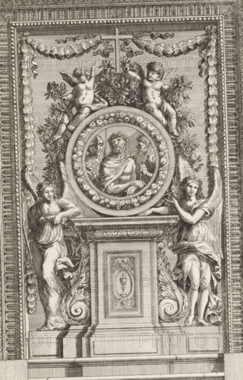 Tabernacle with Crowning with Thorns, Tabernacoli da ornare e abellire di Altari, print, album page, ornamental print, Tabernacle with a medallion depicting Christ with the crown of thorns on his head between two soldiers. Print is part of an album., printmaker: Franz Ertinger, after print by Jean Lepautre, after design by Jean Lepautre, publisher: Cornelis Galle (II), Antwerp, c. 1658 - 1678, after print by, paper, etching, height 226 mm x width 145 mm, This print is not discussed by Führing, but belongs to the series Tabernacoli da ornare e abellire., the crowning with thorns: soldiers with sticks place a thorny crown on Christ's head and give him a reed (Matthew 27:27-31, Mark 15:16-20, John 19:2-3), tabernacle, altar, chalice bearing the Host, A detailed monochrome engraving shows an ornate framed panel with decorative garlands and tassels draped along the top and sides. At the center is a circular medallion surrounded by carved beadwork and floral foliage; inside the medallion are...
