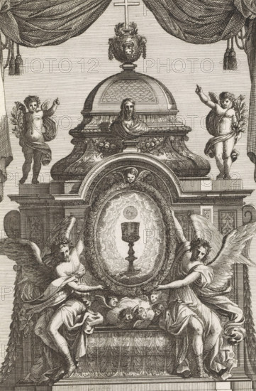 Tabernacle with a medallion with chalice and host, Tabernacoli da ornare e abellire di Altari, print, album page, ornament print, Tabernacle with two angels showing a medallion with chalice and host. A bust of Christ on the architrave. Print is part of an album., printmaker: Franz Ertinger, after print by Jean Lepautre, after design by Jean Lepautre, publisher: Cornelis Galle (II), Antwerp, c. 1658 - 1678, after print by, paper, etching, height 225 mm x width 146 mm, tabernacle, altar, chalice bearing the Host, An ornate engraved scene showing a central oval medallion held by two winged female figures, each draped in flowing garments and wearing wreaths, with the medallion containing a chalice against a decorative backdrop; above the medallion sits a sculpted bust on a pedestal beneath a domed canopy topped by an urn and a cross, flanked by small putti holding branches, while a heavy drapery with tassels frames the upper edges and cherubic faces appear among ornamental garlands below.