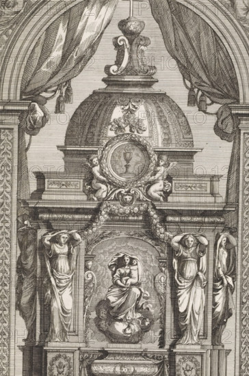 Tabernacle with a painting of Mary and Child, Tabernacoli da ornare e abellire di Altari, print, album page, ornament print, Tabernacle with a painting of Mary and Child. Print is part of an album., printmaker: Franz Ertinger, after print by Jean Lepautre, after design by Jean Lepautre, publisher: Cornelis Galle (II), Antwerp, c. 1658 - 1678, after print by, paper, etching, height 227 mm x width 146 mm, Madonna: i.e. Mary with the Christ-child, tabernacle, altar, chalice bearing the Host, A detailed engraved architectural composition shows draped curtains tied back with tassels framing a domed structure topped by an ornate finial. Below the dome is a circular medallion encircled by a laurel wreath held by two cherubic figures. Swags of garland hang beneath the medallion above a recessed oval panel containing a seated female figure with flowing robes and a small reclining child figure at her feet. Flanking the central panel are standing female figures carved as caryatids, each with drap...