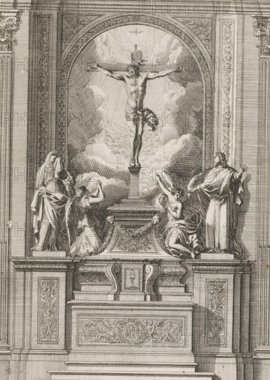 Altar with a painting of the Crucifixion, Retables d'autels à l'italienne, print, album page, ornamental print, Altar with a painting of the Crucifixion. Below the painting are statues of Mary, Mary Magdalene, an angel, and John the Baptist. Print is part of an album., printmaker: Jean Lepautre, publisher: Pierre Mariette (II), Paris, grantor of privilege: Louis XIV (King of France), c. 1658 - c. 1670, Louis 23:44-52, John 19:25-38), altar with altar-piece, A detailed engraving shows a central crucifix with a figure on a cross set within an arched niche filled with radiating clouds and light, flanked by four mourning figures in draped robes positioned on ornate pedestals and steps; two figures kneel with raised arms near the base of the cross while two stand to the sides, one with a covered head. The architectural setting includes fluted pilasters, decorated panels with floral motifs, cornices, and an elaborate stepped altar with carved garlands and volute supports. Fine parallel hatch...
