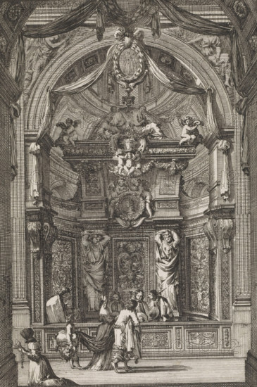 Woodwork decoration of chapel, Chaires de predicateurs, print, album page, ornament print, Print is part of an album., print maker: Jean Lepautre, publisher: Jean Leblond (I), Paris, c. 1650 - c. 1666, unknown, printmaker, grantor of privilege, paper, etching, height 209 mm x width 145 mm, parts of church interior: chapel, A detailed black and white etched interior scene showing an ornate architectural recess with draped curtains, carved columns, and decorative reliefs; a large arch frames an upper ledge adorned with sculpted cherubs, garlands, and a central medallion, while two standing sculpted figures flank the recessed area; beneath, a group of dressed figures gather near a balustrade, some kneeling and others standing, with one figure holding a long cloth that trails behind them; patterned panels and ornate mouldings cover the walls, and heavy curtains hang from the arch with tassels and folds visible.