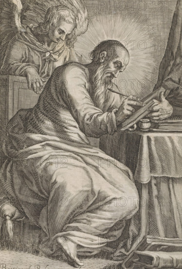 Evangelist Matthew, St. Matthew, print, album page, The evangelist Matthew is writing his Gospel. The angel stands behind him. Bottom right: i. Print is part of an album., publisher: Boëtius Adamsz. Bolswert, Low Countries, 1609 - 1633, printmaker, paper, engraving, height 214 mm x width 138 mm, St. Matthew writing the Gospel, usually the angel present, dictating or assisting him, An elderly bearded man is seated, leaning over a book on a small table while holding a writing instrument and writing; he has a halo of radiating lines around his head and is draped in flowing robes with visible folds and texture, one bare foot peeking from beneath the robes; behind him an angel with wings and curly hair looks down, one hand resting on the back of the seat and the other near the man's shoulder; on the table beside the book sits a small round inkwell, and a curtain or drapery hangs nearby, all rendered in fine crosshatched line work.