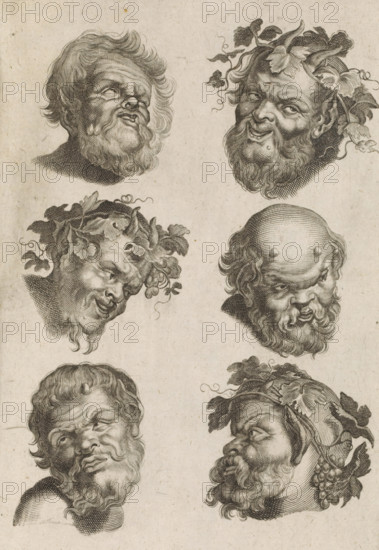 Six heads of satyrs, Satyrs, print, album page, Print is part of an album., printmaker: Coenraet Waumans, Antwerp, after design by Pieter van Avont, 1622 - 1652, unknown, grantor of privilege, paper, engraving, gravure, height 214 mm x width 141 mm, satyr(s) (in general), A sheet showing multiple engraved male heads arranged in pairs vertically, each head rendered in fine crosshatching with varied facial expressions and prominent beards; some heads wear wreaths of leaves and vines with clusters resembling grapes, one head appears bald on top with hair at the sides, another tilts with a sly expression, and others show furrowed brows, wrinkled foreheads, and textured hair, all on a lightly aged paper background.