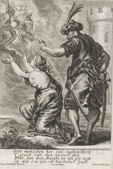 Woman turns to the Holy Trinity, print, album page, A woman, who is about to be slaughtered by an Eastern man, prays to the Holy Trinity in heaven. Below the image a four-line verse in Dutch. Print is part of an album., printmaker: Richard Collin, Antwerp, after design by Lucas Franchoys (II), 1637 - 1697, unknown, grantor of privilege, paper, engraving, height 175 mm x width 118 mm, one person praying, the Holy Trinity, 'Trinitas coelestis', Father, Son and Holy Ghost, Christian religion, Trinity in which God the Father and Christ are represented as persons, the Holy Ghost as dove, A black and white engraved scene shows a kneeling woman with wavy hair and draped clothing reaching upward with both arms toward a bearded, robed figure who appears above her holding a round object and flanked by another small figure and a bird overhead; beside the kneeling woman stands a man seen from behind wearing a feathered turban, a short tunic and a sash, one arm raised and the other hand gripping th...