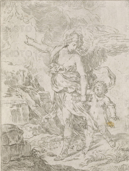 Angel takes child by the hand, print, album page, An angel takes a child by the arm and points him to the sky. Print is part of an album., Low Countries, 1600 - 1700, printmaker, paper, etching, etching pasted onto album page, height 168 mm x width 127 mm, child, guardian angel, index finger forwards, pointing, indicating, A monochrome line drawing shows a winged adult figure with flowing drapery guiding a smaller childlike figure by the hand; the adult has curly hair, one arm extended and pointing upward while the other holds the child, and large feathered wings spread behind; the child also has curly hair and appears to look toward the adult, wearing a simple tunic and walking barefoot; surrounding them are sketched clouds above and rocky, textured ground beneath with grasses and stones, all rendered with fine hatch and contour lines.