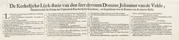 Text sheet accompanying the caricature of the funeral of Reverend Abraham van de Velde, 1677, The Ecclesiastical Procession of the Very Devout Reverend Johannes van de Velde, Investigator of the Treasure of Utrecht Ecclesiastical Goods, and Inquisitor of the Heretics of the New Sect, cartoon, text sheet, June 14, 1677. Text in 4 columns with legend 1-35., printmaker: Romeyn de Hooghe (possibly), paper, letterpress printing, text in letterpress, height 112 mm x width 535 mm, Person, Abraham van de Velde, Period, 1677-06-14, A horizontal aged paper print with dark printed text arranged in multiple narrow columns under a large bold heading centered at the top, showing serif type in a historical style, small decorative initials at the beginning of some lines, and uneven discoloration and slight creasing on the paper surface.