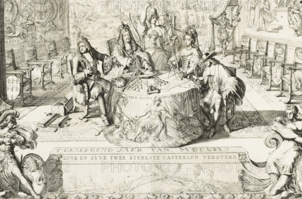 The Union Hall of the Principal Powers, to Maintain Justice and Peace, The Union Hall of the Most Powerful Powers for Justice and Peace, Allegory of the Political Situation in 1702, print, propaganda print, Allegory of the Political Situation in 1702 with a large hall in which the German Emperor, Queen Anne, and a member of the Dutch States-General are seated at a round table, next to King Louis XIV, for whom a saber lies on the table; the Emperor takes the false testament of Charles II from the Cardinal's hat of Porto Carrero. Behind the table stand the personifications of Liberty, Peace, and Christianity. In the background, a tapestry depicting the victory at Vigo. In the foreground, Strength and Prudence in a depiction of the conquest of Liège in 1702. Accompanying the print is a loose text sheet containing an explanation of the numbers 1-23, each in 2 columns in Dutch and French., caption: ''T GESIGEEND JAER ..., ... CSTEELEN VERCOND', inscription: 'DE VERBONDZAAL ... RECHT EN VREE...