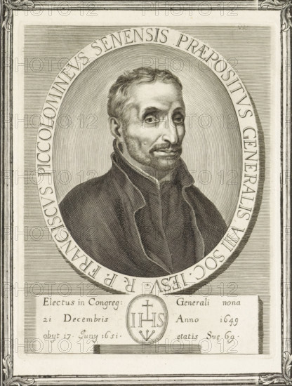 Portrait of the Italian priest Francesco Piccolomini, print, book illustration, On the left page the portrait in an ornamental frame. In the frame below his portrait the monogram of the Jesuits. On the right page his biography in Latin and in Italian., title: 'RP FRANCISCUS PICCOLOMINEUS SENENSIS PRAEPOSITUS GENERALIS VIII. SOC. IESU', printmaker: Arnold van Westerhout, Italy, 1751, paper, engraving, etching, woodcut, letterpress printing, etching and engraving and woodcut, letterpress, printed from two plates, on two sheets glued together, height 195 mm x width 152 mm, height 386 mm x width 535 mm, Print used in: Galeotti, Niccolò. Imagines praepositorum generalium Societatis Jesu, delineatae, et aereis formis expressae ab Arnoldo Van Westherhout, addita perbrevi uniuscujusque vitae descriptione. Rome: Monaldini, 1751., Person, Francesco Piccolomini, historical persons, regular clerics, eg Jesuits, Redemptorists, IHS ('Iesus Hominum Salvator'), symbol of Christ, A framed engraved port...