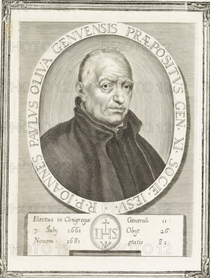Portrait of the Italian priest Giovanni Paolo Oliva, print, book illustration, On the left page the portrait in an ornamental frame. In the frame below his portrait the monogram of the Jesuits. On the right page his biography in Latin and in Italian., inscription: 'Electus In Congrega: Generali II:, 7 July 1661 Obijt 26:, Novemb. 1681 aetatis 81', title: 'RP JOANNES PAULUS OLIVA GENUENSIS PRAEPOSITUS GEN. XI. SOCIE. IESU', printmaker: Arnold van Westerhout, Italy, 1751, paper, engraving, etching, woodcut, letterpress printing, etching and engraving and woodcut, letterpress, printed from two plates, on two sheets glued together, height 202 mm x width 151 mm, height 344 mm x width 509 mm, Print used in: Galeotti, Niccolo. Imagines praepositorum generalium Societatis Jesu, delineatae, et aereis formis expressae ab Arnoldo Van Westherhout, addita perbrevi uniuscujusque vitae descriptione. Rome: Monaldini, 1751., Person, Giovanni Paolo Oliva, IHS ('Iesus Hominum Salvator'), symbol of Christ...
