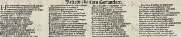 Verse about the failed sieges in the Bommelerwaard, 1599, Refrain of the Bommelaer, print, text sheet, Printed verse about the failed sieges in the Bommelerwaard, four verses of 16 lines each in Dutch., writer (clerical worker): anonymous, Low Countries, writer (clerical worker), paper, letterpress printing, text in letterpress, height 89 mm x width 413 mm, Person, Maurice (Prince of Orange), Francisco Hurtado de Mendoza, Battle for the Bommelerwaard and Tielerwaard, Zaltbommel, Period, The image shows a wide, aged-looking page of printed text with a decorative title at the top center in a blackletter-style type. The page is divided into several narrow columns of dense blackletter text with consistent line spacing and justified alignment. The leftmost column begins with a larger ornate initial letter and smaller text blocks beneath it; the other columns contain uniform lines of text with occasional slightly larger or bolder line headers. The paper has a textured, off-white or beige ton...