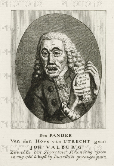 The Pawnbroker of the Court of Utrecht, named Joh. Valburg, Satirical portrait of the Utrecht pawnbroker Joh. Valburg, cartoon, print, Satirical portrait of Joh. Valburg, notary in Utrecht, pawnbroker of the Court of Utrecht, arrested on May 29, 1786 in Wijk bij Duurstede for activities outside his territory. Bust from the front, in an oval. With one hand pointing to document 'Citation criminal' in his hand., printmaker, Northern Netherlands, paper, etching, engraving, height 137 mm x width 98 mm, Person, Joh. Valburg, Utrecht, Period, 1786-05-29, An oval engraved portrait of a man with long curled hair and a lined face, wearing a dark coat with buttons and a decorative collar, holding a folded sheet in one hand while the other hand points toward it; the background inside the oval is textured with fine crosshatching and vertical lines frame the oval, and additional printed lines and ornate script appear below the portrait.